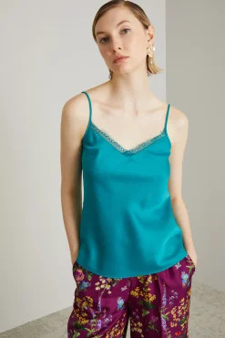 Top in enver satin con pizzo - Petrolio