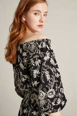 Top off shoulder con ricamo - Nero