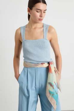 Top aderente in maglia laminata - Azzurro