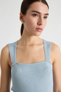 Top aderente in maglia laminata - Azzurro