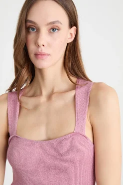 Top aderente in maglia laminata - Rosa