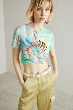 Top arricciato con stampa - Verde Azzurro