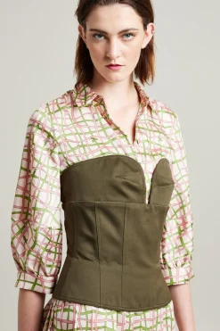 Top bustier in gabardina di cotone - Verde Kaki