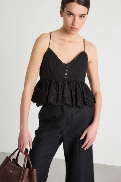 Top con balza in pizzo sangallo - Nero