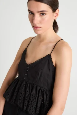 Top con balza in pizzo sangallo - Nero