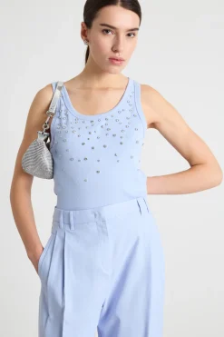 Top con cristalli cabochon - Azzurro