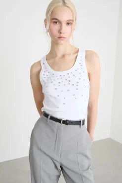 Top con cristalli cabochon - Bianco