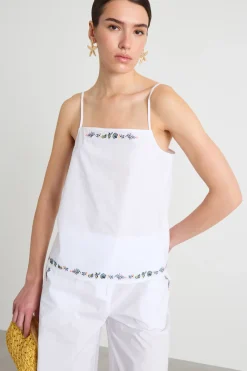 Top con scollo dritto ricamato - Bianco