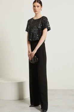 Top corto con paillettes - Nero