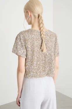 Top crop con paillettes - Beige
