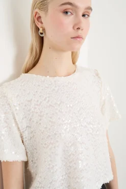 Top crop con paillettes - Bianco