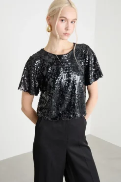 Top crop con paillettes - Nero