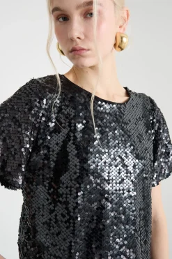 Top crop con paillettes - Nero