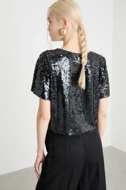 Top crop con paillettes - Nero