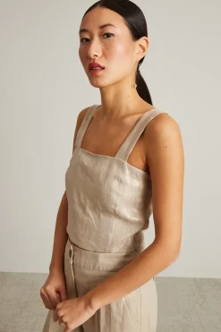Top cropped in lino laminato - Sabbia