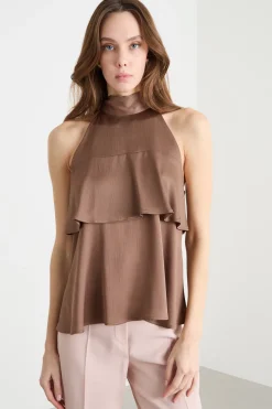 Top in creponne con balza doppia - Marrone