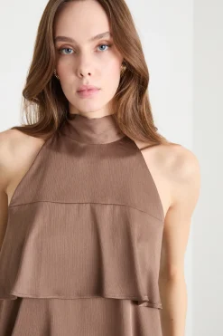 Top in creponne con balza doppia - Marrone