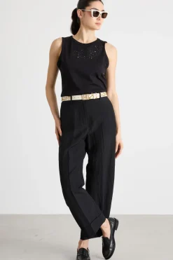 Top in jersey con ricamo sangallo - Nero