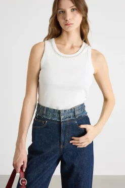 Top in jersey con strass - Bianco