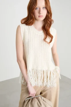 Top in maglia con frange - Bianco