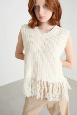 Top in maglia con frange - Bianco