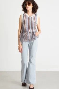 Top in maglia con frange - Bianco Azzurro Marrone