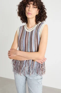 Top in maglia con frange - Bianco Azzurro Marrone