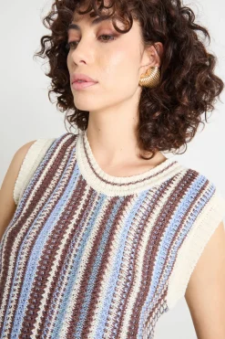 Top in maglia con frange - Bianco Azzurro Marrone