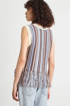 Top in maglia con frange - Bianco Azzurro Marrone