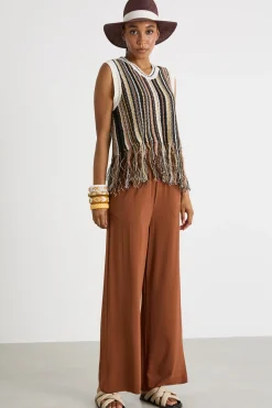 Top in maglia con frange - Nero Bianco Marrone