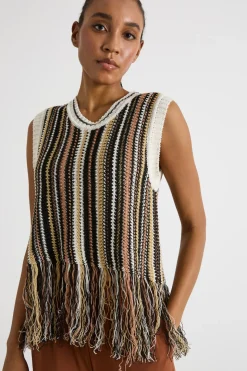 Top in maglia con frange - Nero Bianco Marrone