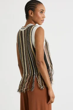 Top in maglia con frange - Nero Bianco Marrone