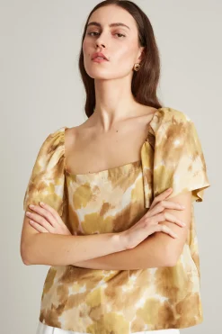 Top in mussola a fantasia - Senape Beige
