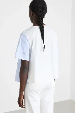 Top in popeline e jersey - Azzurro Bianco