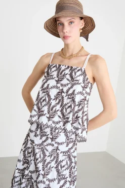 Top in popeline ricamato - Bianco Marrone