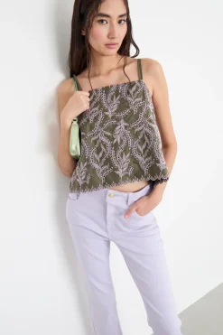 Top in popeline ricamato - Verde Lilla