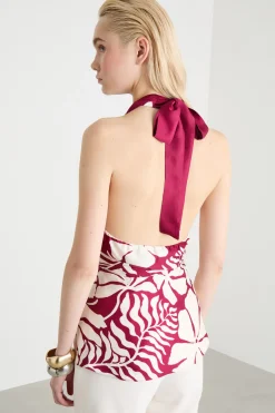 Top in raso floreale - Rosso Bianco