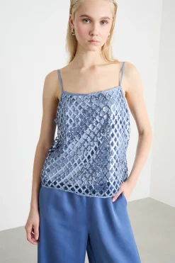 Top in rete con paillettes ricamate - Azzurro