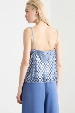 Top in rete con paillettes ricamate - Azzurro