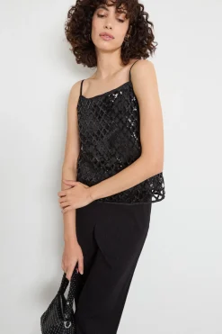 Top in rete con paillettes ricamate - Nero