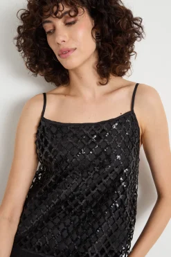Top in rete con paillettes ricamate - Nero