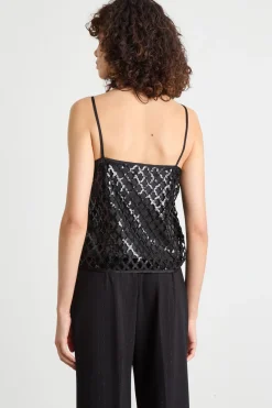 Top in rete con paillettes ricamate - Nero