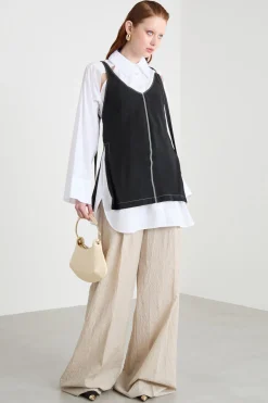 Top in tela con spacchi - Nero