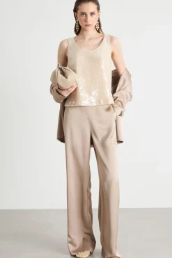 Top in tulle con paillettes - Beige