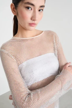 Top in tulle con strass - Bianco