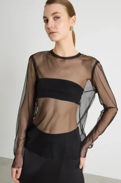 Top in tulle con strass - Nero