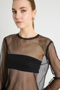 Top in tulle con strass - Nero