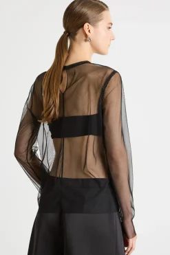 Top in tulle con strass - Nero