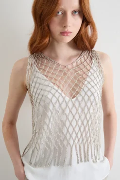 Top smanicato con frange - Argento