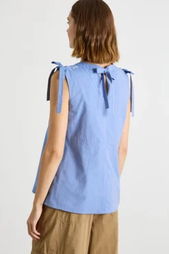 Top smanicato in tela con lacci - Azzurro